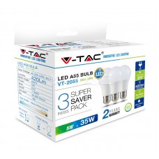 Led V-TAC 5W E27 A55 Термо Пластик 2700K Топла бяла светлина 3Бр/Сет